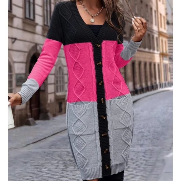 striped multi color  button down Long Knit sweater Cardigan - Picture 4 of 6